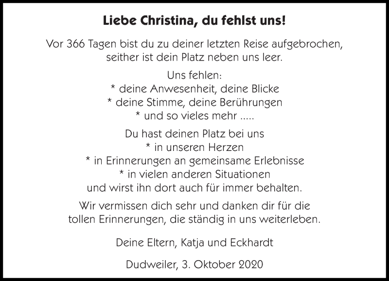  Traueranzeige für Christina Bucher vom 02.10.2020 aus SAARBRUECKER_ZEITUNG