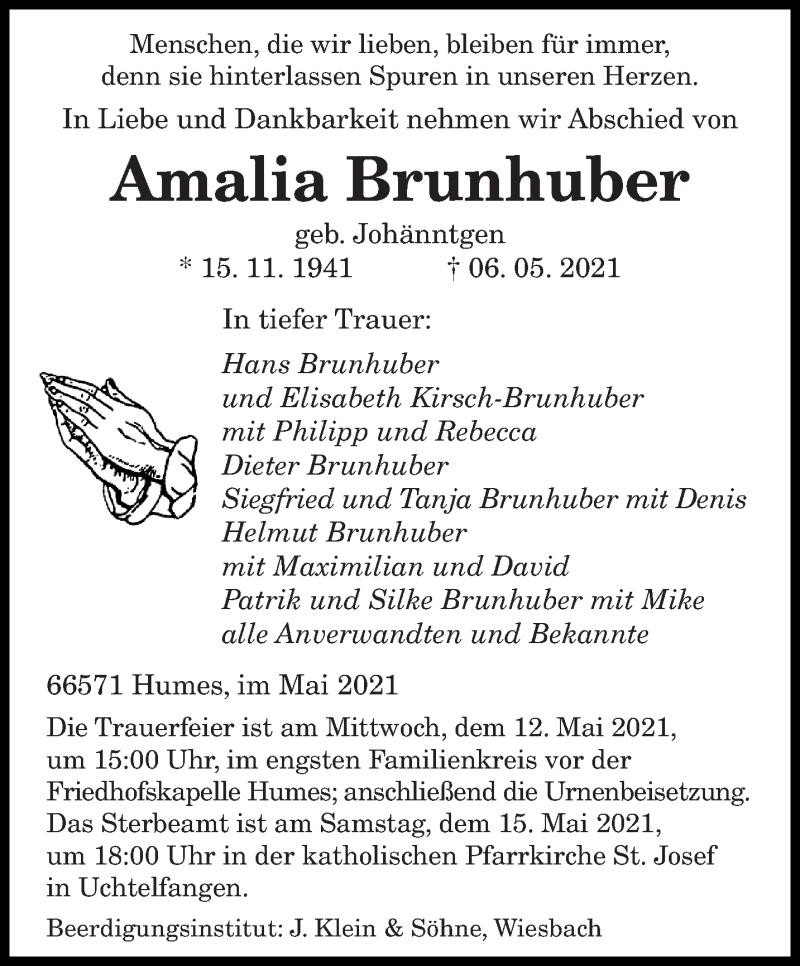  Traueranzeige für Amalia Brunhuber vom 08.05.2021 aus saarbruecker_zeitung