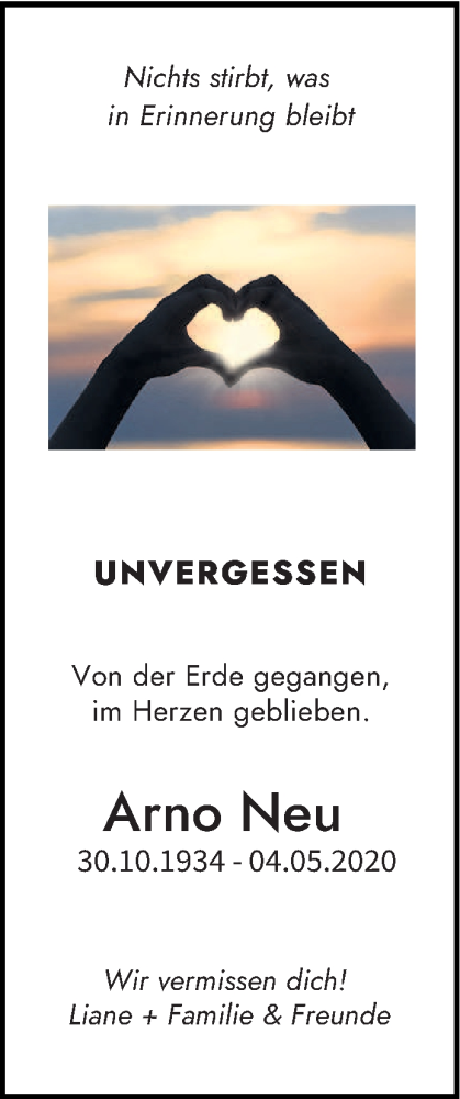  Traueranzeige für Arno Neu vom 08.05.2021 aus saarbruecker_zeitung