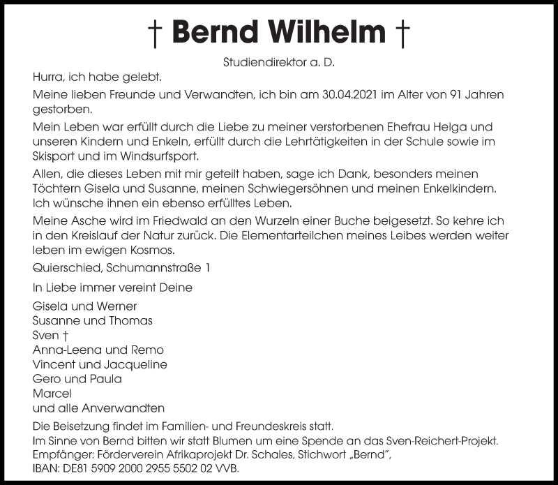  Traueranzeige für Bernd Wilhelm vom 08.05.2021 aus saarbruecker_zeitung