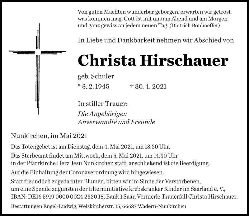  Traueranzeige für Christa Hirschauer vom 03.05.2021 aus saarbruecker_zeitung