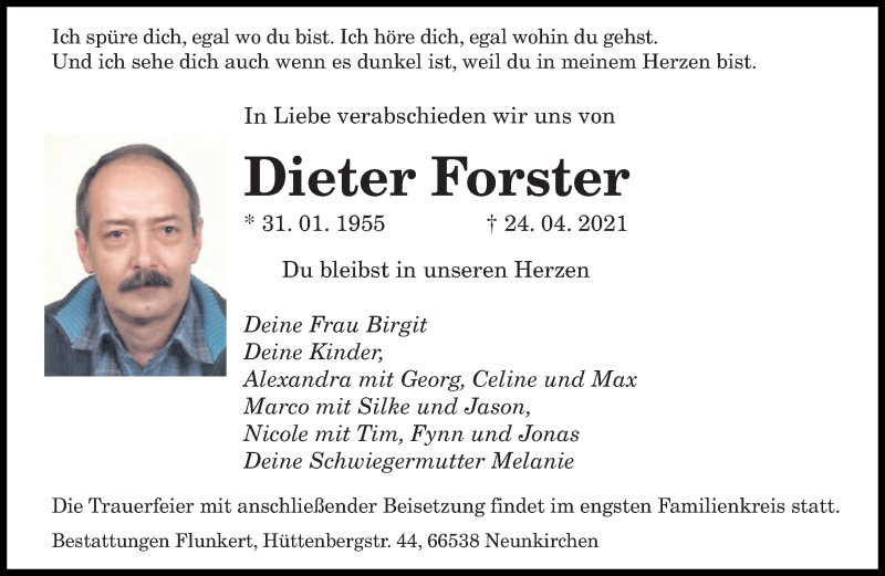 Traueranzeige für Dieter Forster vom 30.04.2021 aus saarbruecker_zeitung