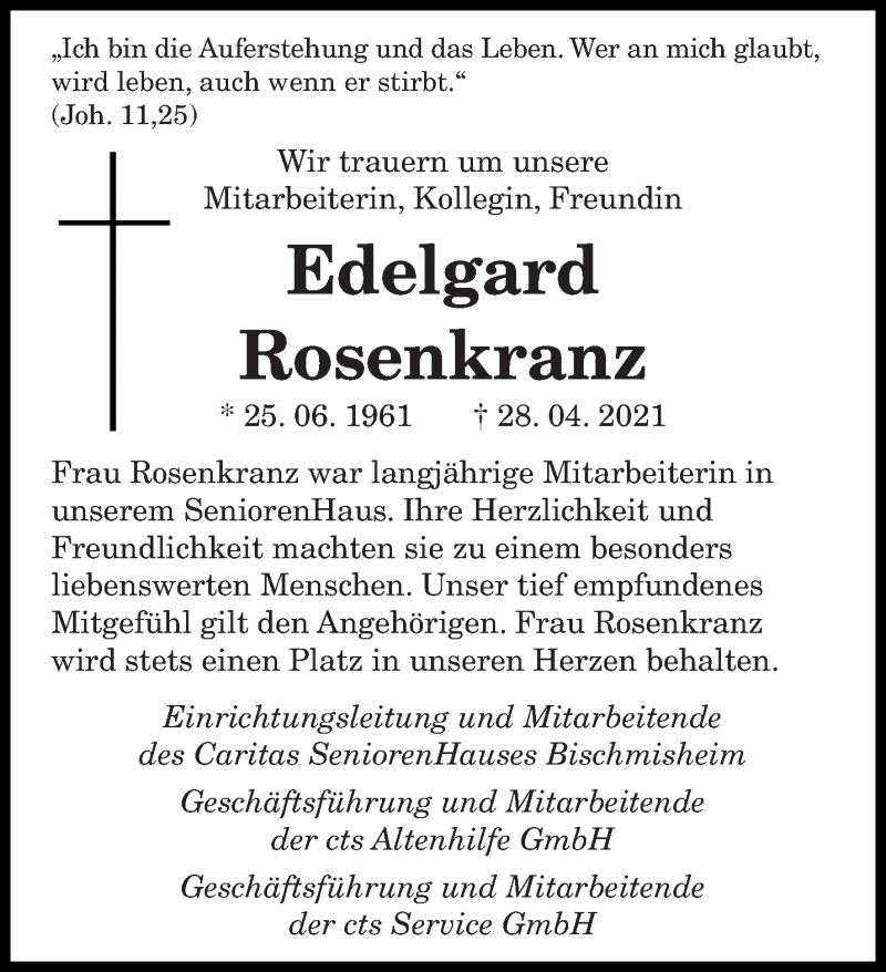  Traueranzeige für Edelgard Rosenkranz vom 03.05.2021 aus saarbruecker_zeitung