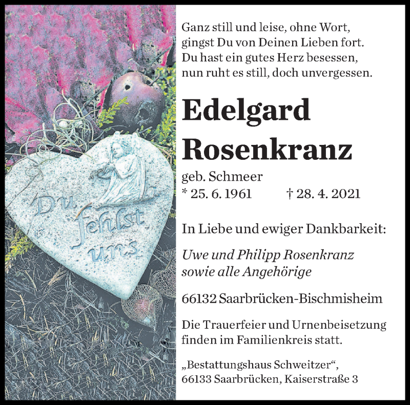  Traueranzeige für Edelgard Rosenkranz vom 30.04.2021 aus saarbruecker_zeitung