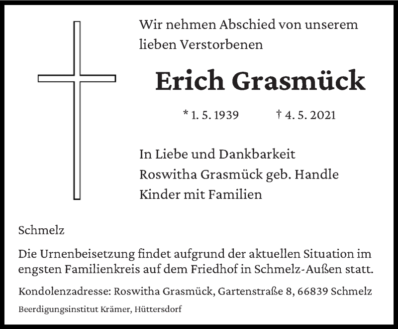  Traueranzeige für Erich Grasmück vom 08.05.2021 aus saarbruecker_zeitung