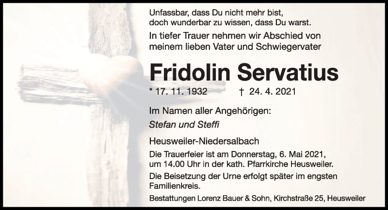  Traueranzeige für Fridolin Servatius vom 30.04.2021 aus saarbruecker_zeitung