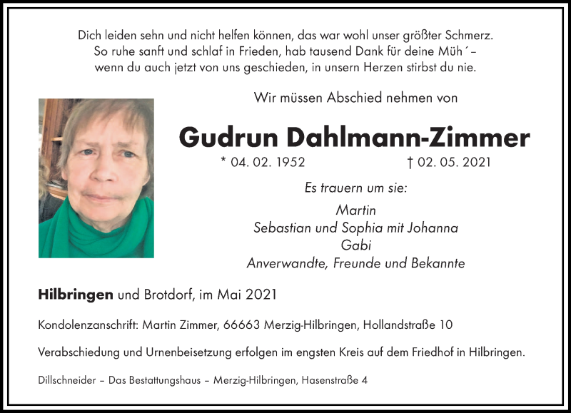  Traueranzeige für Gudrun Dahlmann-Zimmer vom 07.05.2021 aus saarbruecker_zeitung