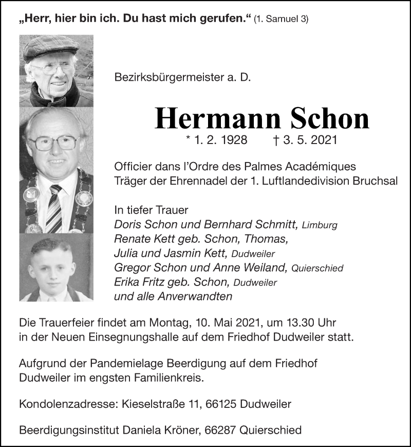  Traueranzeige für Hermann Schon vom 08.05.2021 aus saarbruecker_zeitung