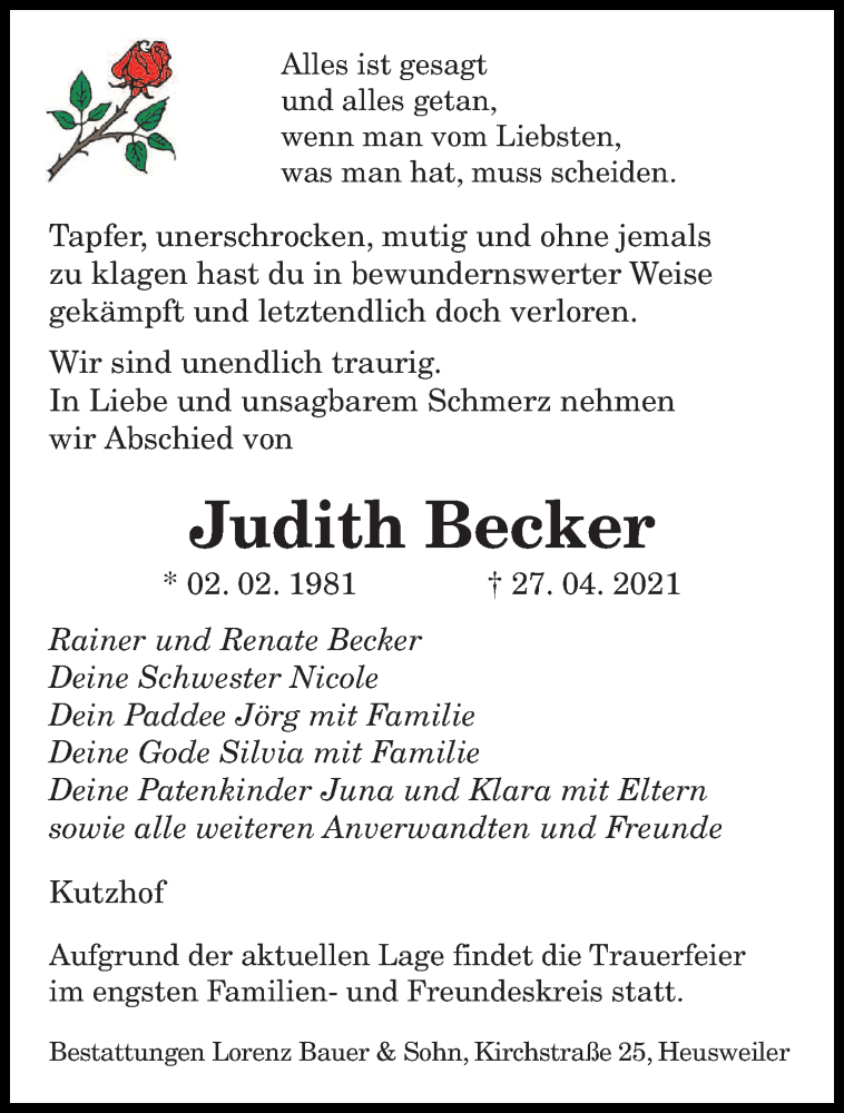  Traueranzeige für Judith Becker vom 30.04.2021 aus saarbruecker_zeitung