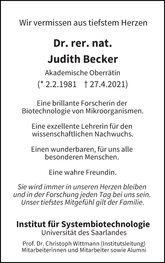  Traueranzeige für Judith Becker vom 30.04.2021 aus saarbruecker_zeitung
