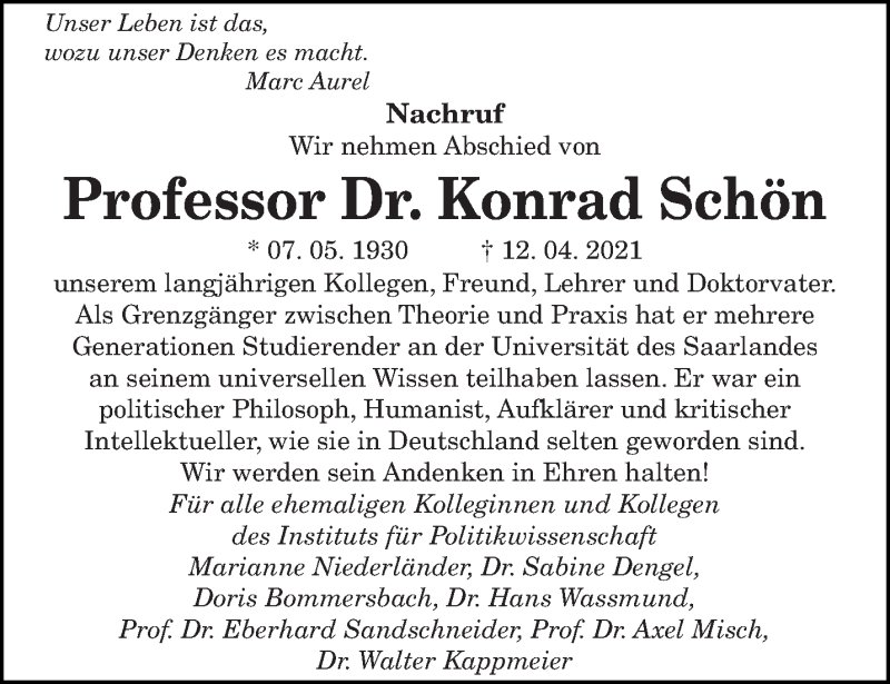  Traueranzeige für Konrad Schön vom 30.04.2021 aus saarbruecker_zeitung