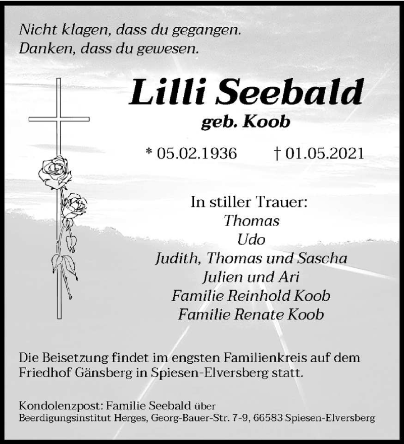  Traueranzeige für Lilli Seebald vom 08.05.2021 aus saarbruecker_zeitung