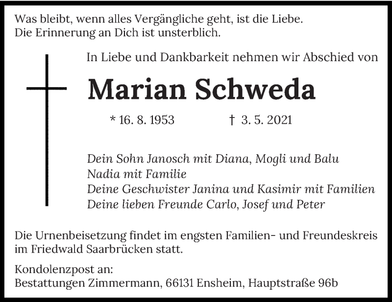  Traueranzeige für Marian Schweda vom 08.05.2021 aus saarbruecker_zeitung
