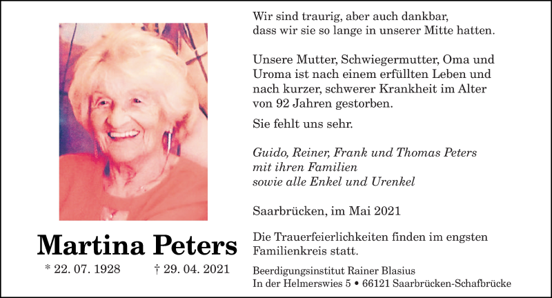  Traueranzeige für Martina Peters vom 08.05.2021 aus saarbruecker_zeitung