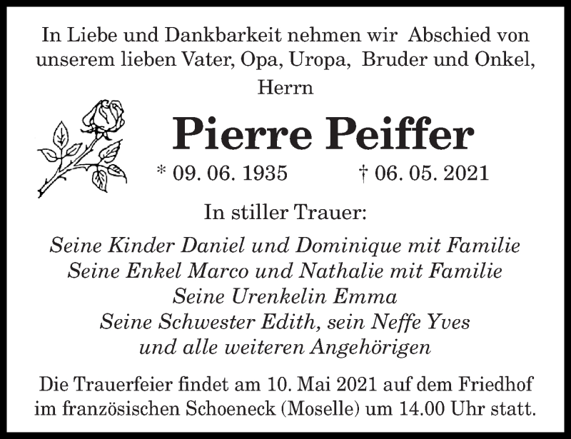  Traueranzeige für Pierre Peiffer vom 08.05.2021 aus saarbruecker_zeitung