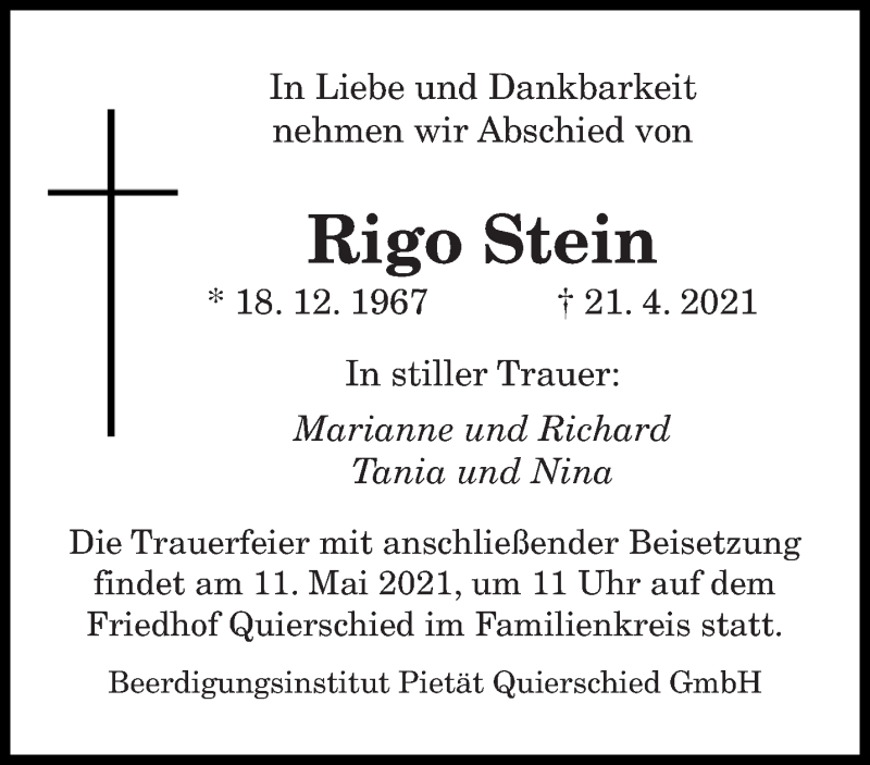  Traueranzeige für Rigo Stein vom 08.05.2021 aus saarbruecker_zeitung