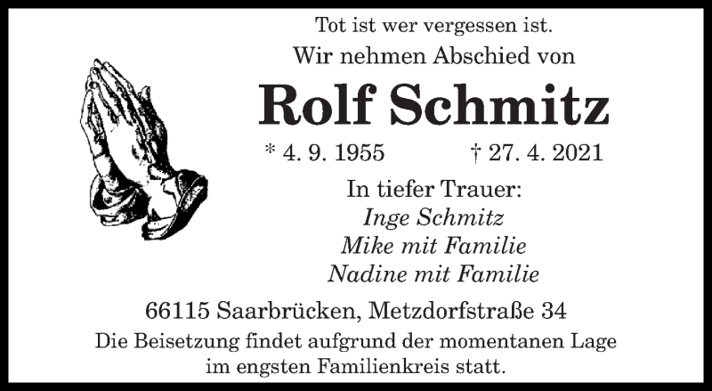  Traueranzeige für Rolf Schmitz vom 03.05.2021 aus saarbruecker_zeitung