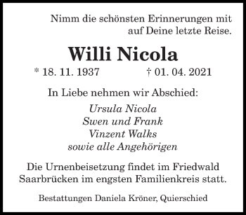 Traueranzeige von Willi Nicola von saarbruecker_zeitung