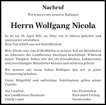 Traueranzeige von Wolfgang Nicola von saarbruecker_zeitung