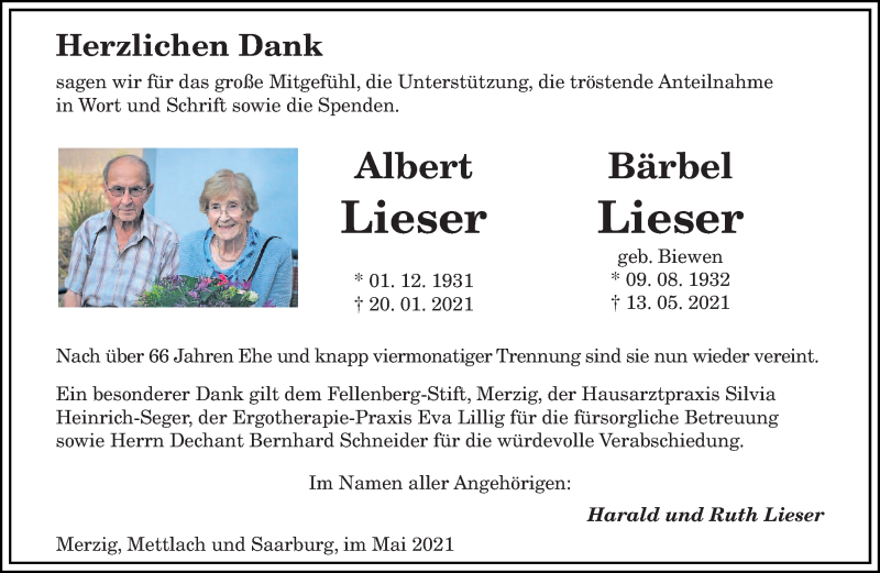  Traueranzeige für Albert und Bärbel Lieser vom 29.05.2021 aus saarbruecker_zeitung