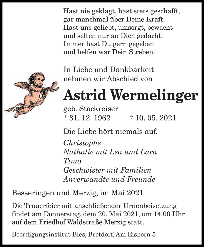  Traueranzeige für Astrid Wermelinger vom 18.05.2021 aus saarbruecker_zeitung