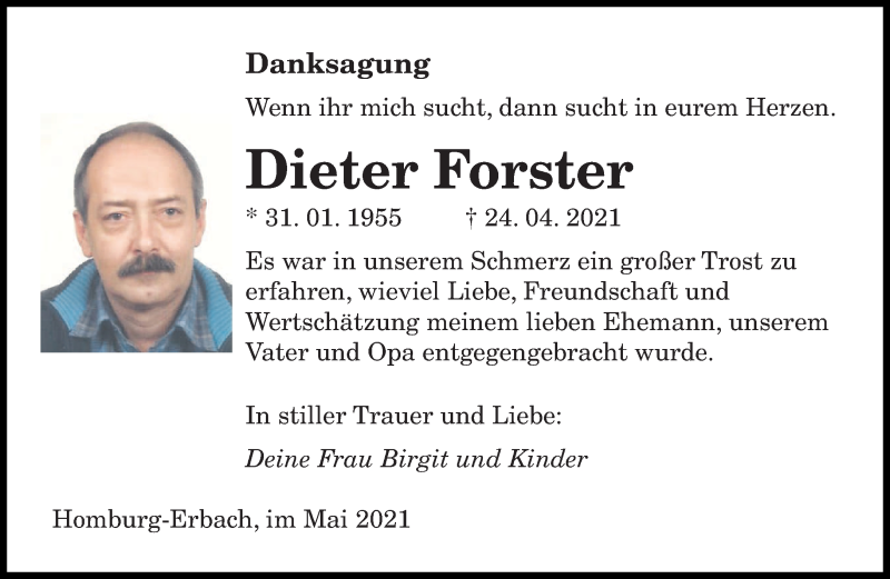  Traueranzeige für Dieter Forster vom 15.05.2021 aus saarbruecker_zeitung