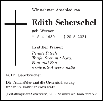 Traueranzeige von Edith Scherschel von saarbruecker_zeitung