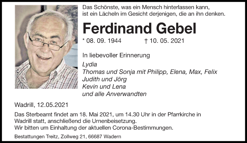  Traueranzeige für Ferdinand Gebel vom 15.05.2021 aus saarbruecker_zeitung