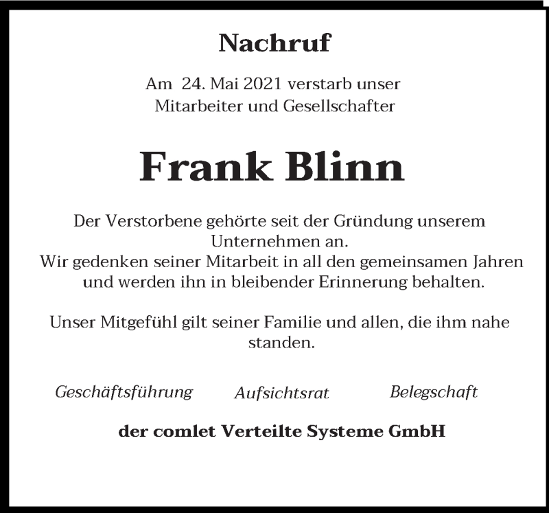  Traueranzeige für Frank Blinn vom 29.05.2021 aus saarbruecker_zeitung