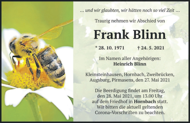 Traueranzeige für Frank Blinn vom 27.05.2021 aus saarbruecker_zeitung