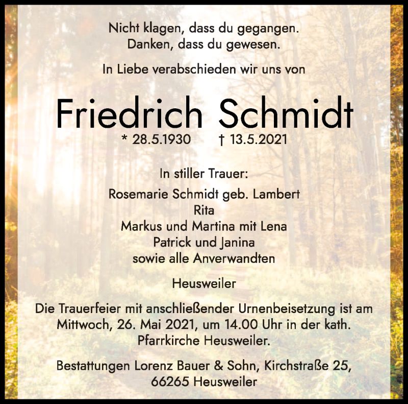  Traueranzeige für Friedrich Schmidt vom 22.05.2021 aus saarbruecker_zeitung