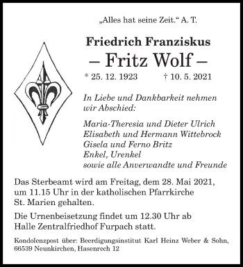 Traueranzeige von Fritz Wolf von saarbruecker_zeitung
