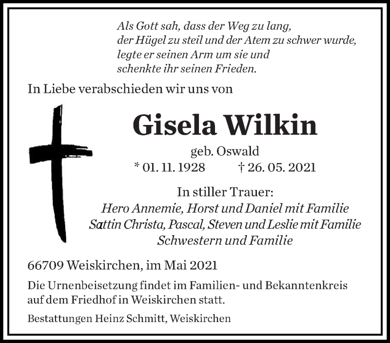  Traueranzeige für Gisela Wilkin vom 29.05.2021 aus saarbruecker_zeitung