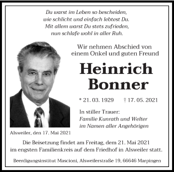 Traueranzeige von Heinrich Bonner von saarbruecker_zeitung