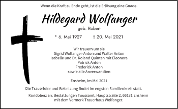 Traueranzeige von Hildegard Wolfanger von saarbruecker_zeitung