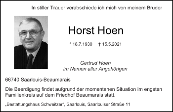 Traueranzeige von Horst Hoen von saarbruecker_zeitung