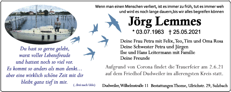  Traueranzeige für Jörg Lemmes vom 29.05.2021 aus saarbruecker_zeitung