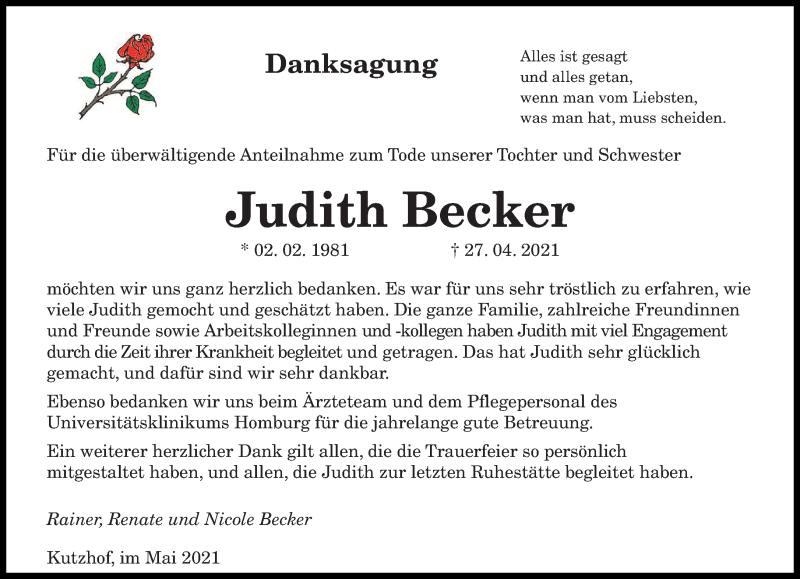  Traueranzeige für Judith Becker vom 22.05.2021 aus saarbruecker_zeitung