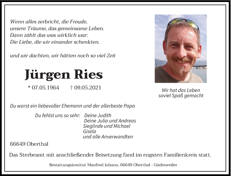  Traueranzeige für Jürgen Ries vom 22.05.2021 aus saarbruecker_zeitung
