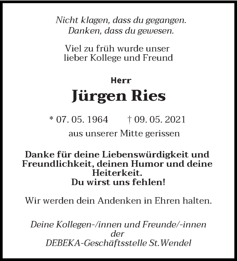  Traueranzeige für Jürgen Ries vom 25.05.2021 aus saarbruecker_zeitung