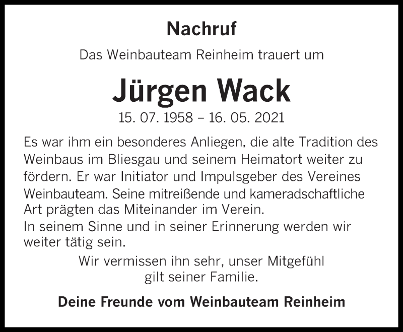  Traueranzeige für Jürgen Wack vom 22.05.2021 aus saarbruecker_zeitung
