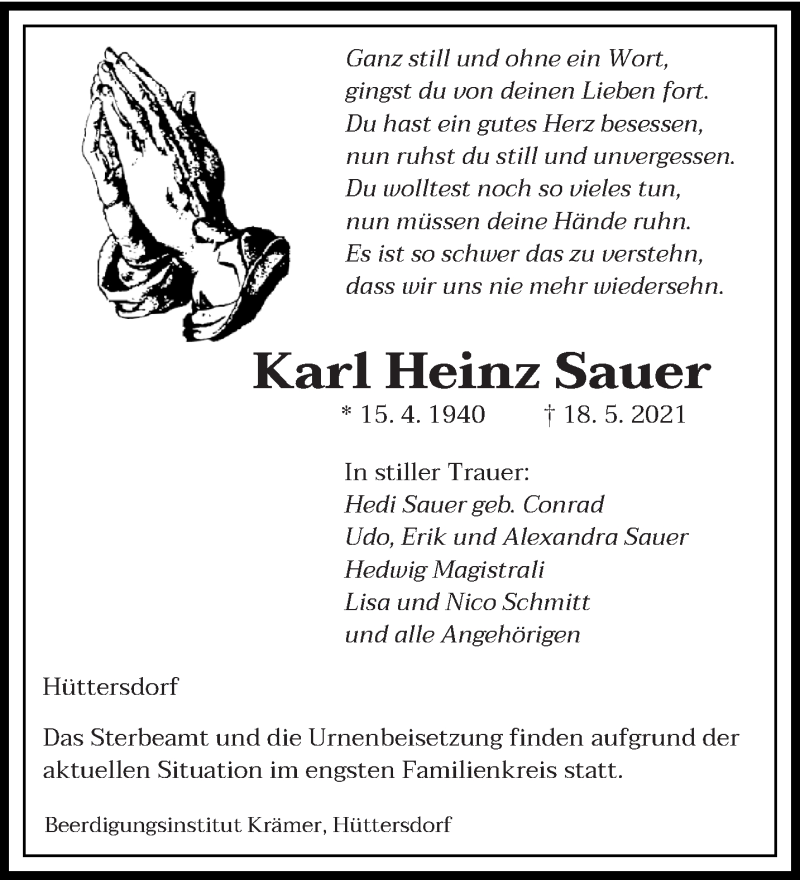 Traueranzeigen Von Karl Heinz Sauer Saarbruecker Zeitung Trauer De