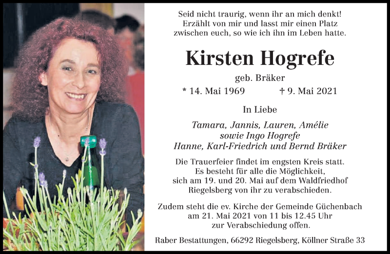  Traueranzeige für Kirsten Hogrefe vom 15.05.2021 aus saarbruecker_zeitung