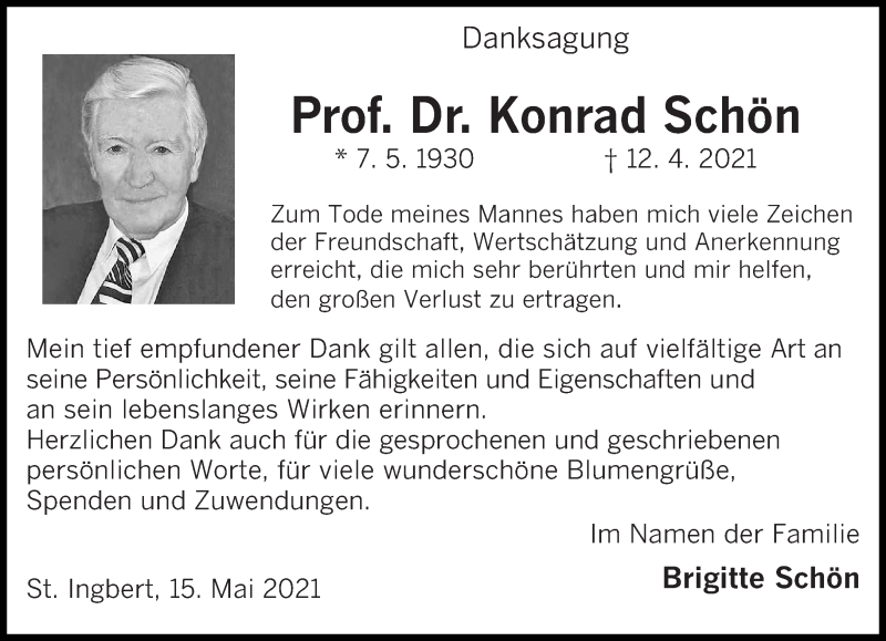  Traueranzeige für Konrad Schön vom 15.05.2021 aus saarbruecker_zeitung
