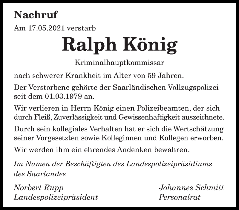  Traueranzeige für Ralph König vom 25.05.2021 aus saarbruecker_zeitung