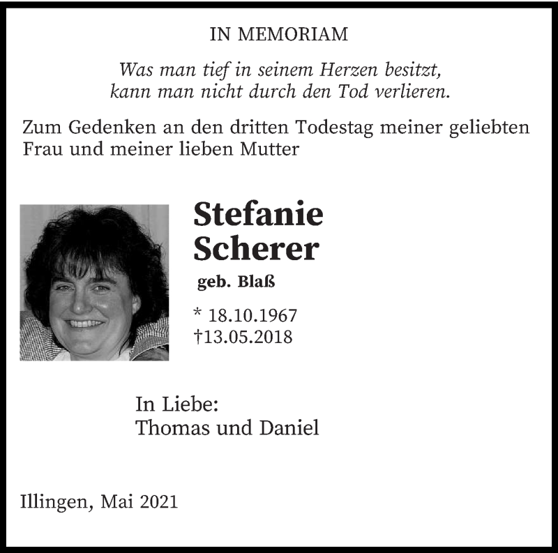  Traueranzeige für Stefanie Scherer vom 14.05.2021 aus saarbruecker_zeitung
