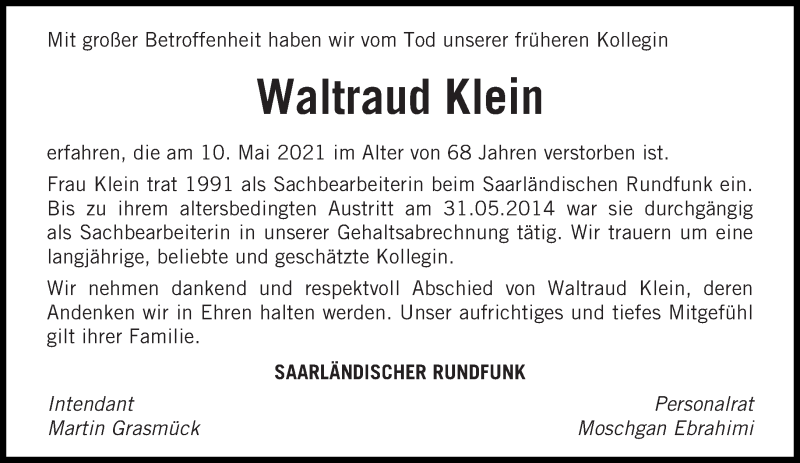  Traueranzeige für Waltraud Klein vom 19.05.2021 aus saarbruecker_zeitung