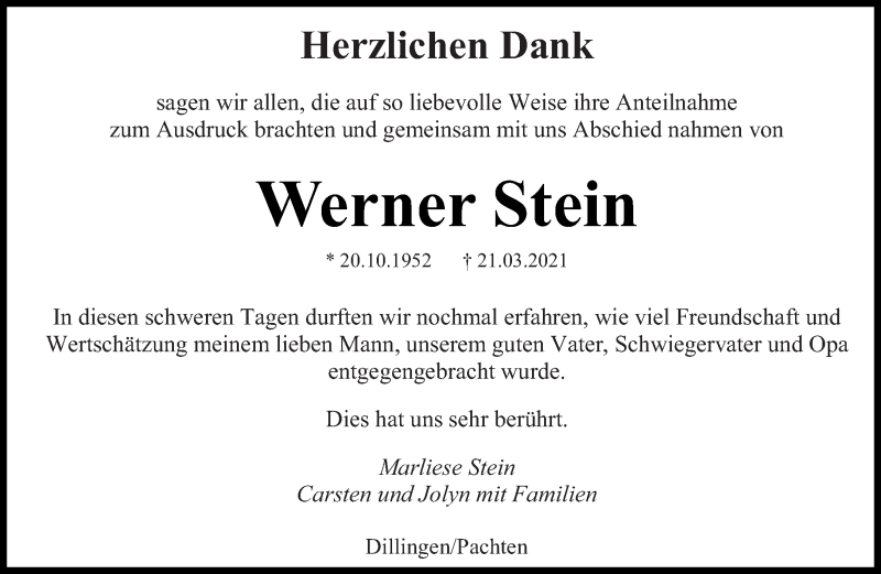  Traueranzeige für Werner Stein vom 29.05.2021 aus saarbruecker_zeitung