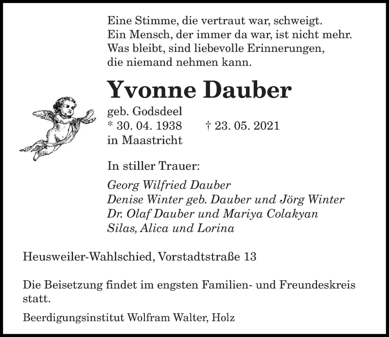  Traueranzeige für Yvonne Dauber vom 29.05.2021 aus saarbruecker_zeitung