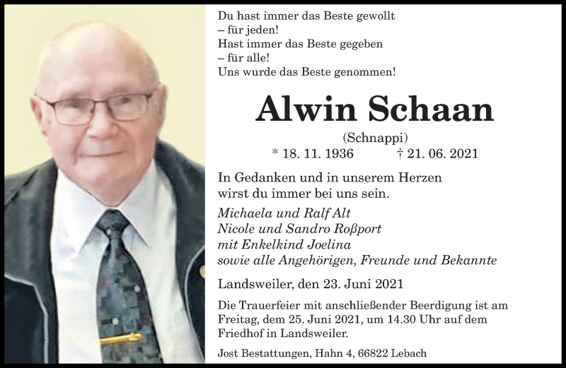  Traueranzeige für Alwin Schaan vom 23.06.2021 aus saarbruecker_zeitung